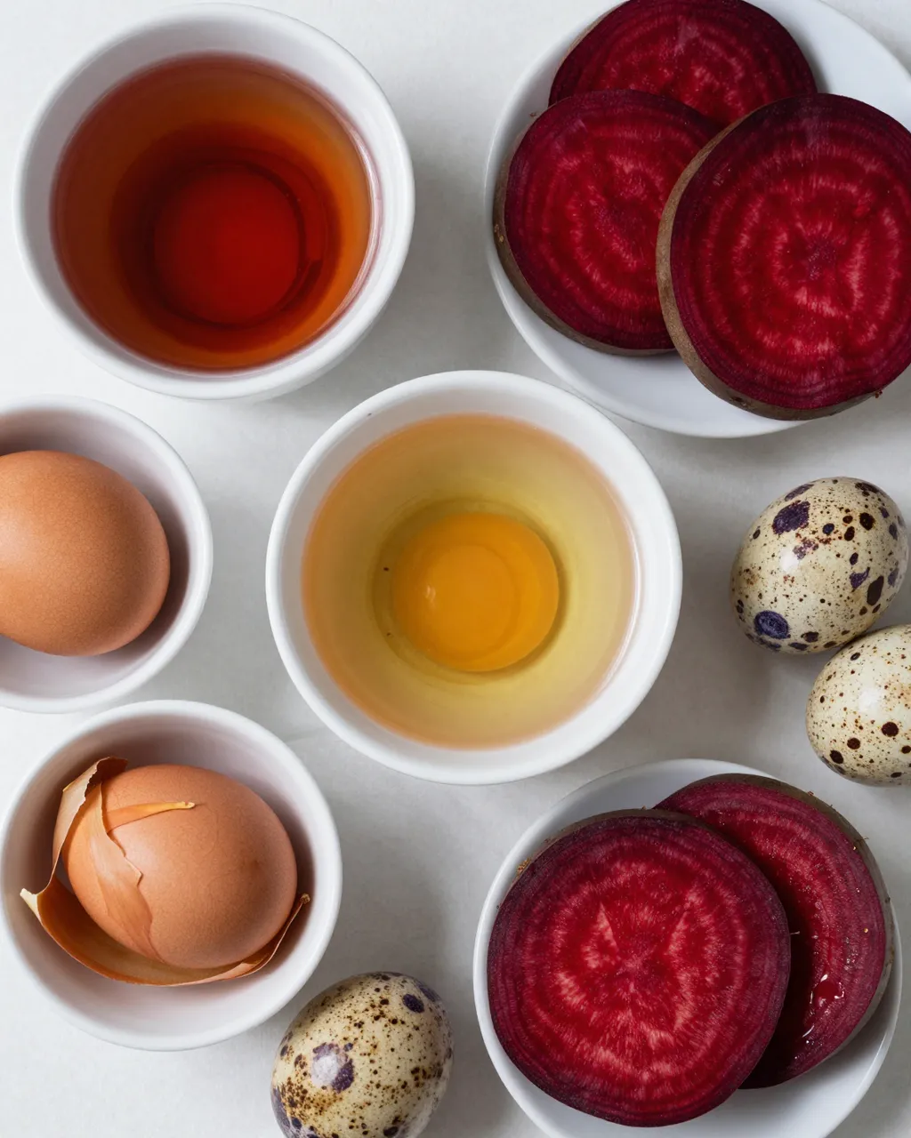 Top down flat lay of bowls of natural dye, beet slices and speckled quail eggs arranged on a white surface