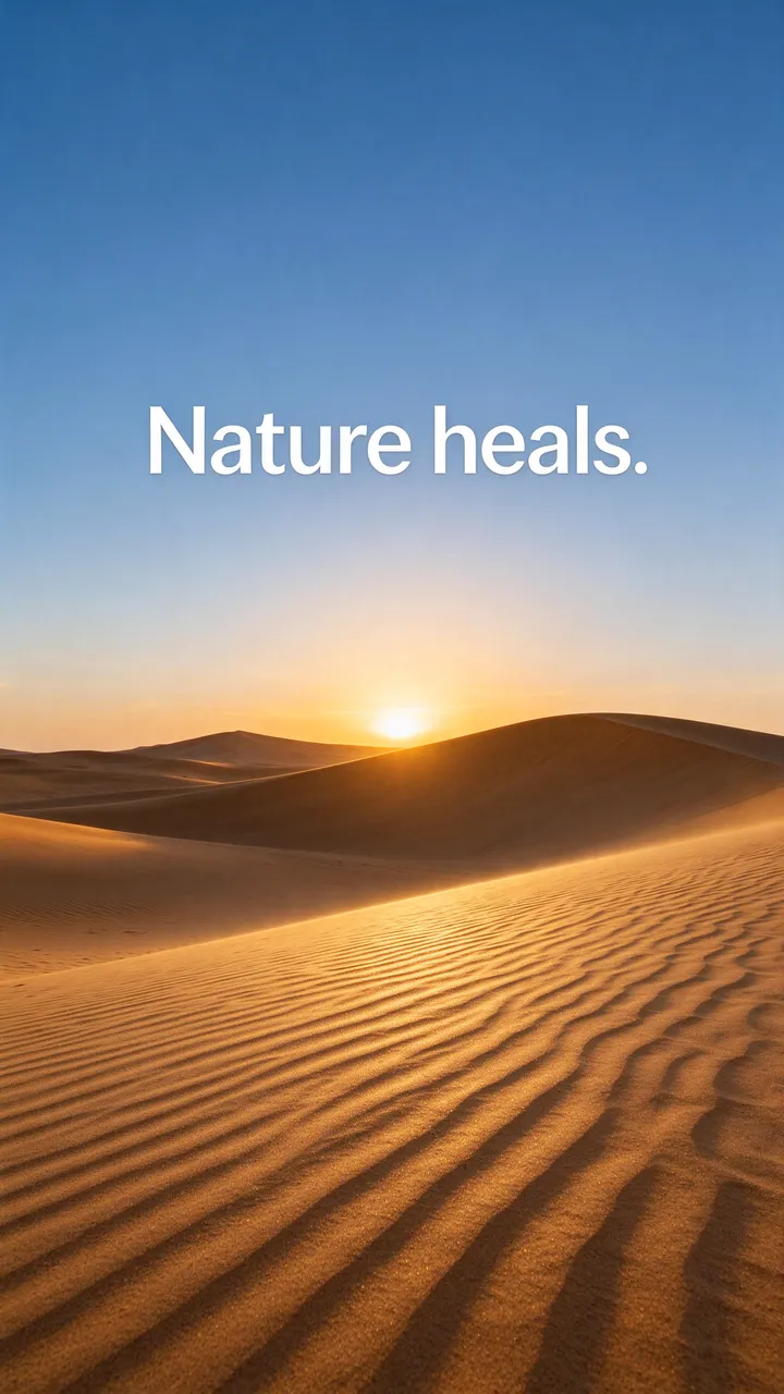 Golden desert sand dunes at sunset with clear blue sky displaying the text "Nature heals."