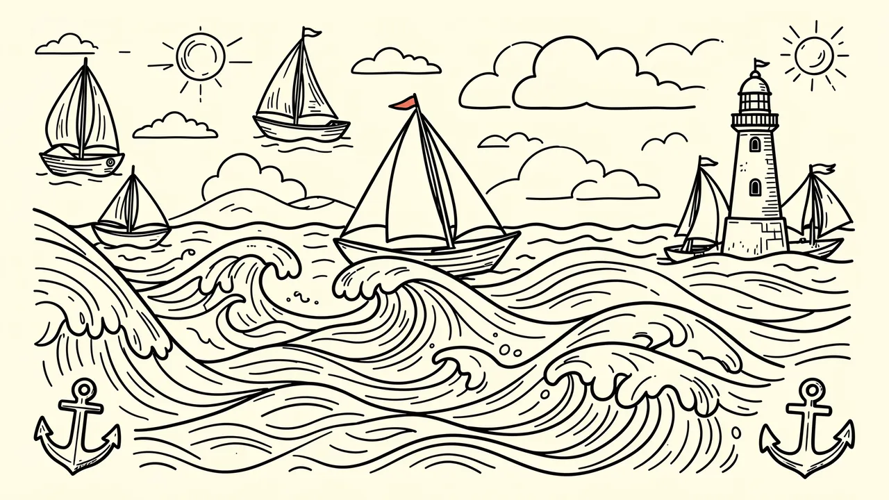 Playful black line art of ocean waves, sailboats, lighthouse and anchors on a cream background