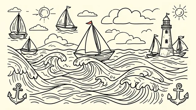 Playful black line art of ocean waves, sailboats, lighthouse and anchors on a cream background