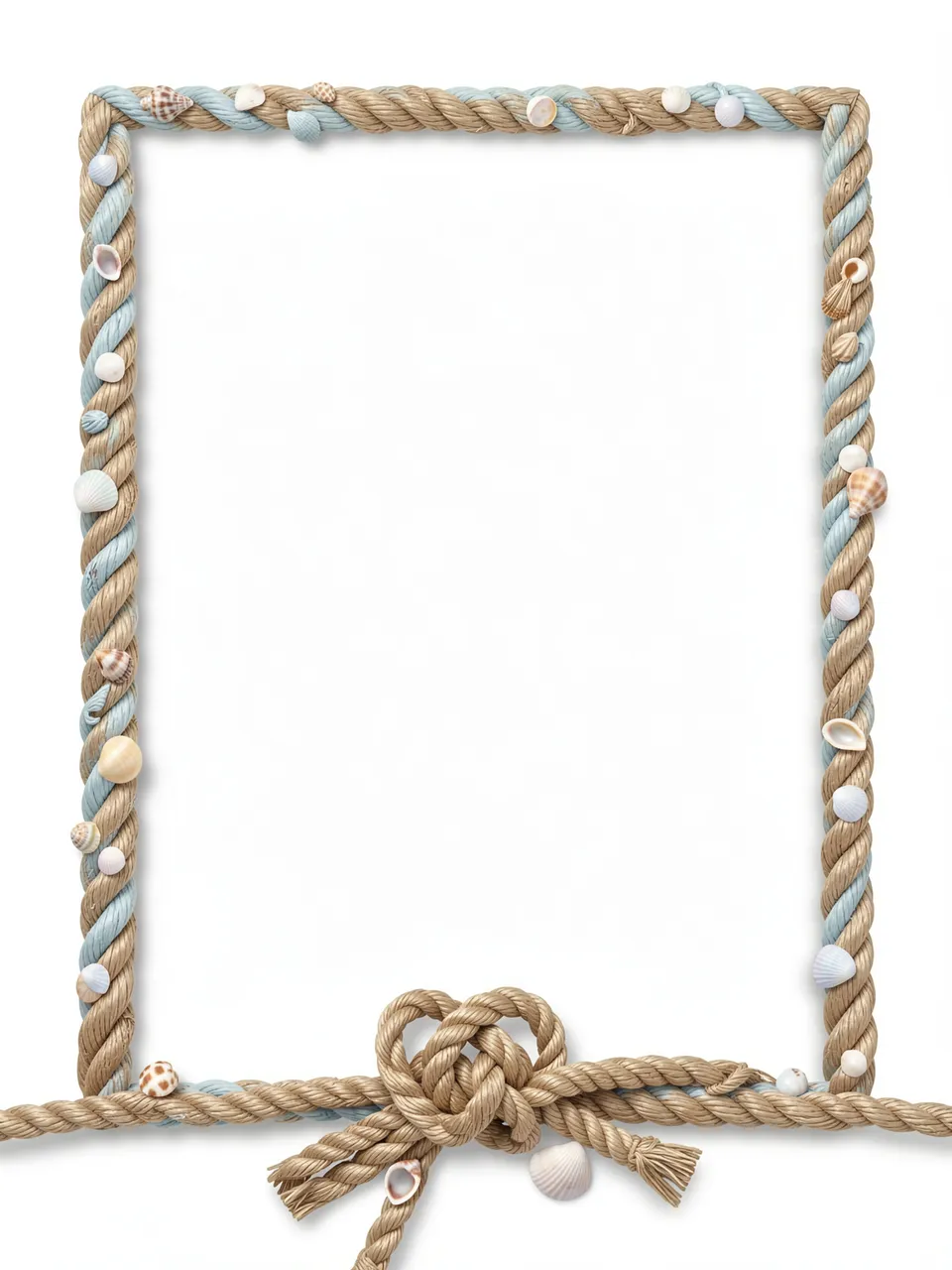 A decorative twisted nautical rope frame with seashells and a bottom knot surrounding empty white copy space