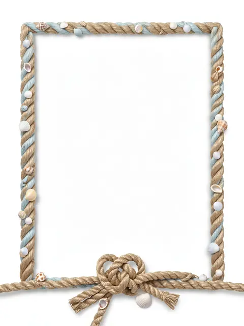 A decorative twisted nautical rope frame with seashells and a bottom knot surrounding empty white copy space