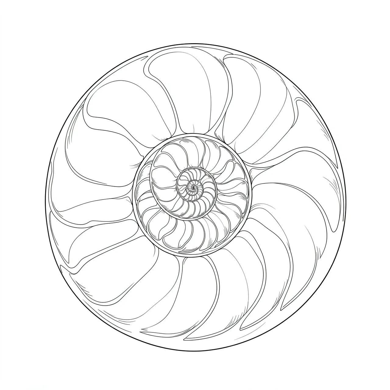 Fine single-weight line drawing of a cross-section nautilus spiral chamber structure on a plain white background