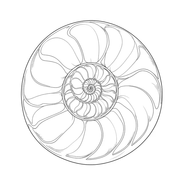 Fine single-weight line drawing of a cross-section nautilus spiral chamber structure on a plain white background