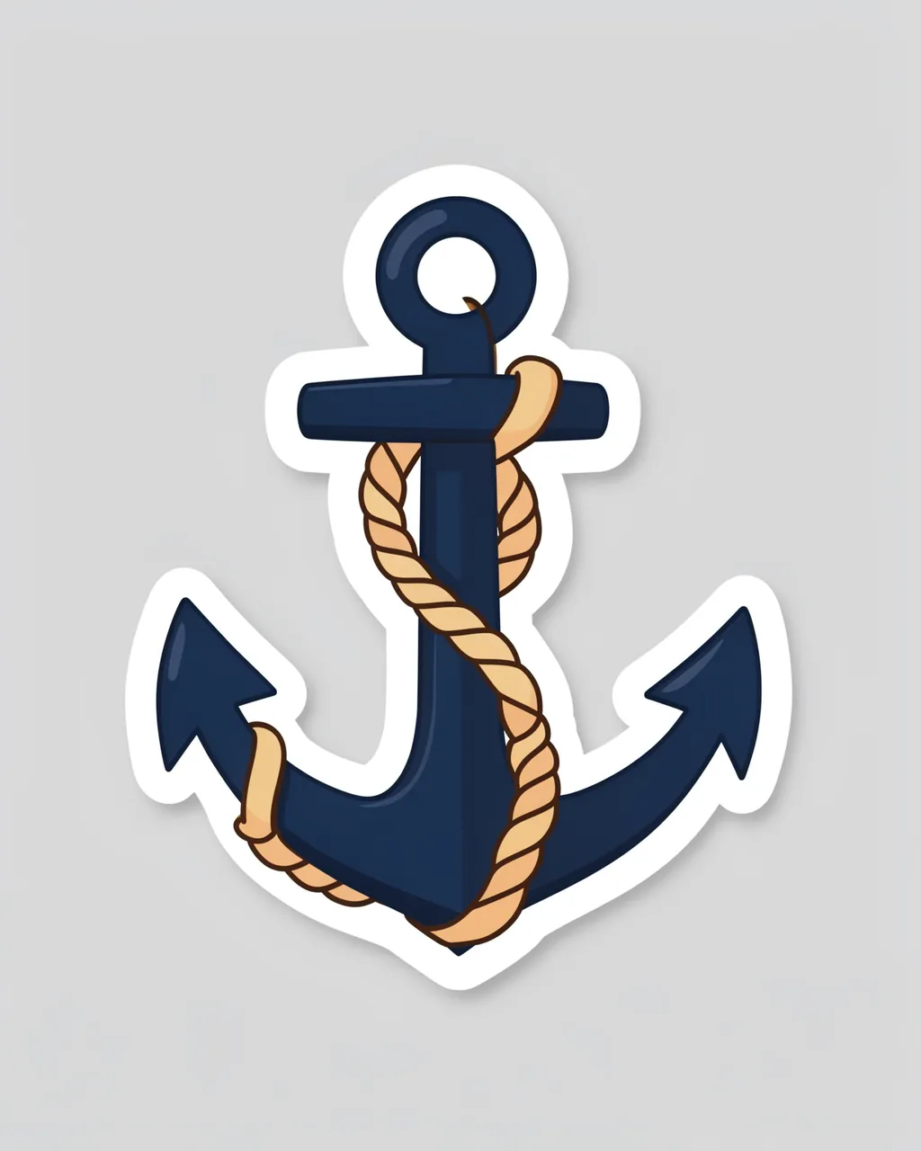 A die-cut sticker of a navy blue anchor wrapped in tan rope, with a thick white border, on a light gray background.