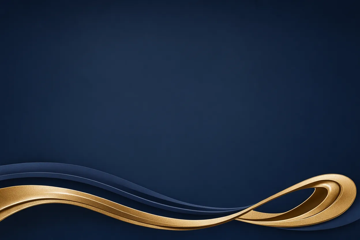 Smooth stacked navy and metallic gold wave accents run along the bottom of a solid dark blue copy space background