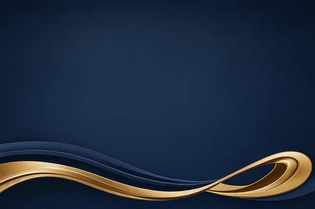 Smooth stacked navy and metallic gold wave accents run along the bottom of a solid dark blue copy space background