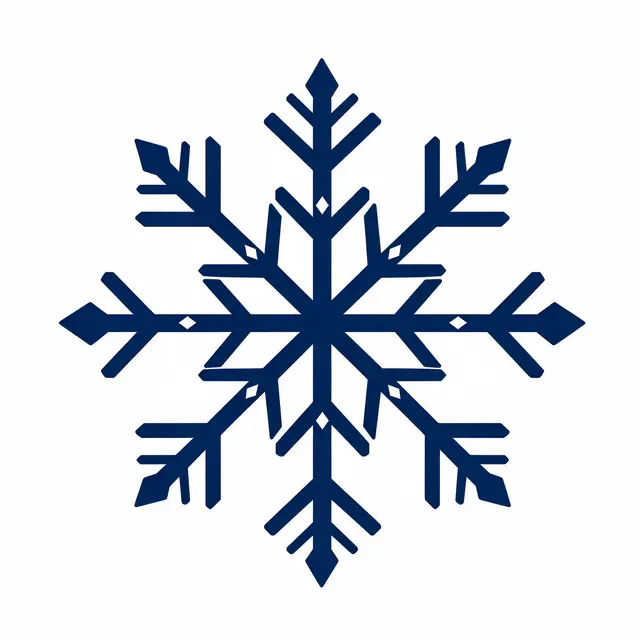 Flat navy blue six-pointed snowflake illustration with arrow tips and diamond accents on a white background