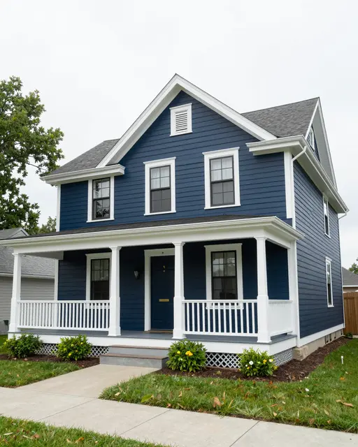 Dark blue craftsman house with white trim and front porch under an overcast sky
