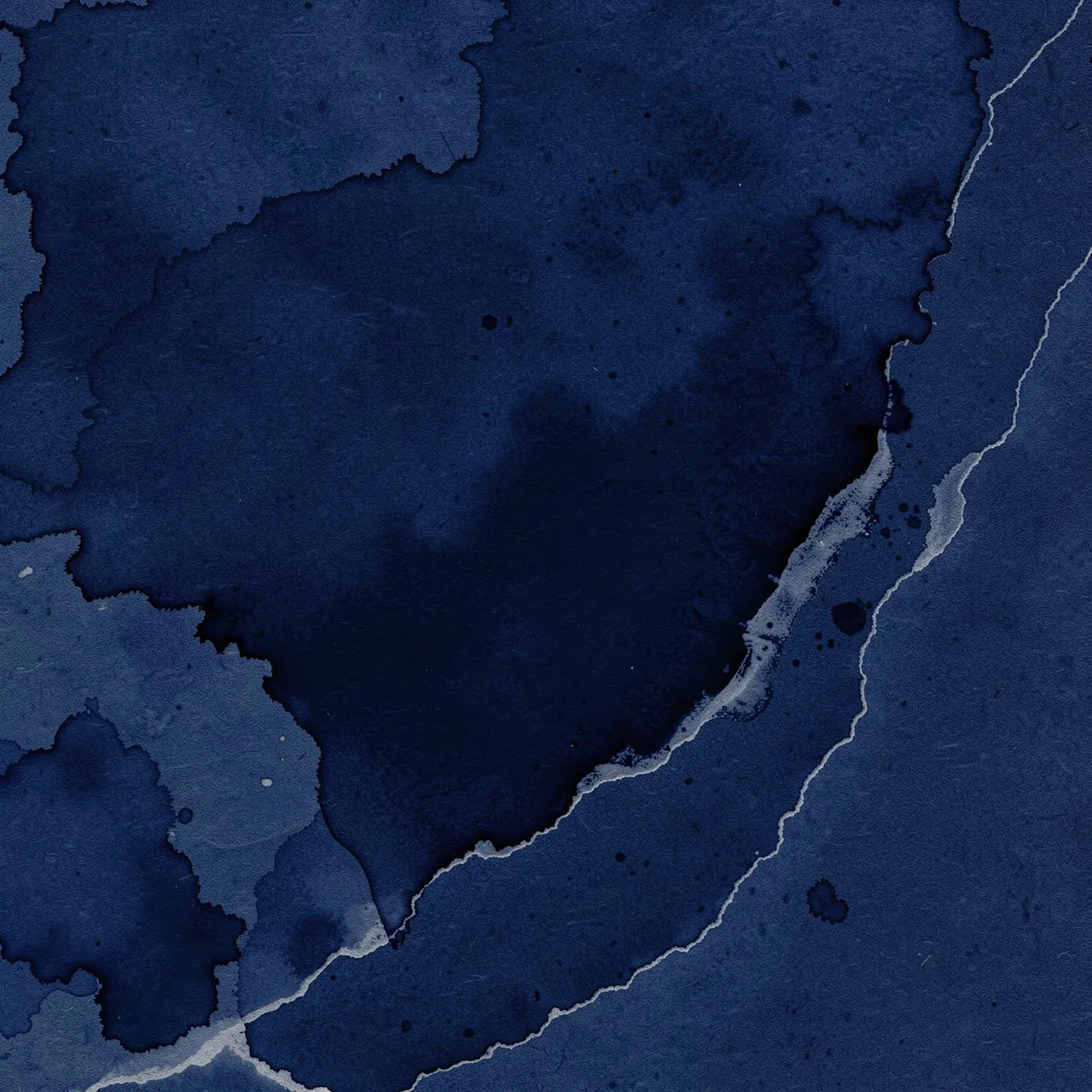 Deep navy ink bleeds across textured wet paper with pale tide line edges and pooled patches