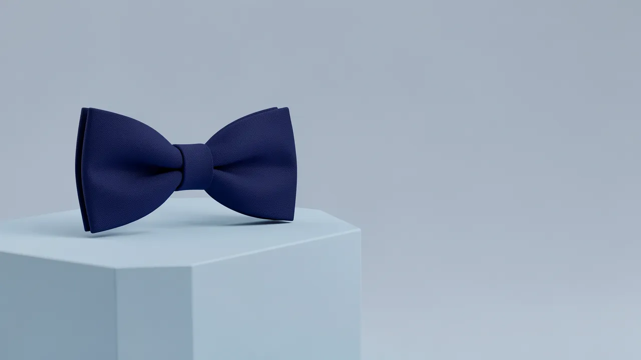 A navy blue bow tie rests on a pale light blue pedestal with empty copy space to the right