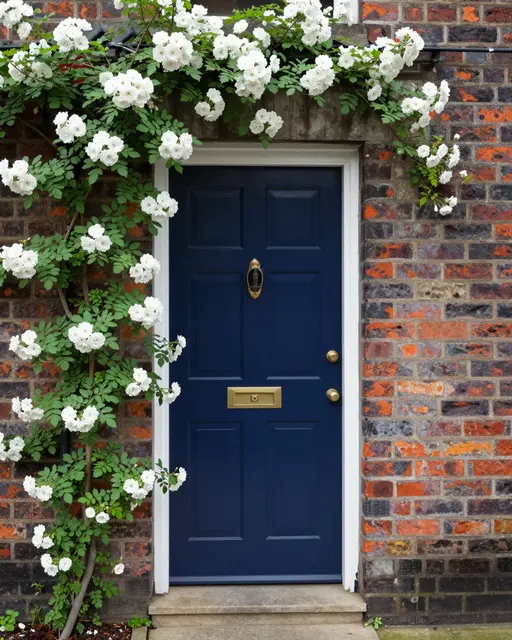 A navy blue front door framed by blooming white climbing roses on an old multitone brick house wall