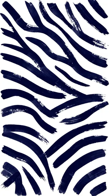 Vertical hand-painted wavy forked navy zebra stripes on a plain white background with dry brush texture