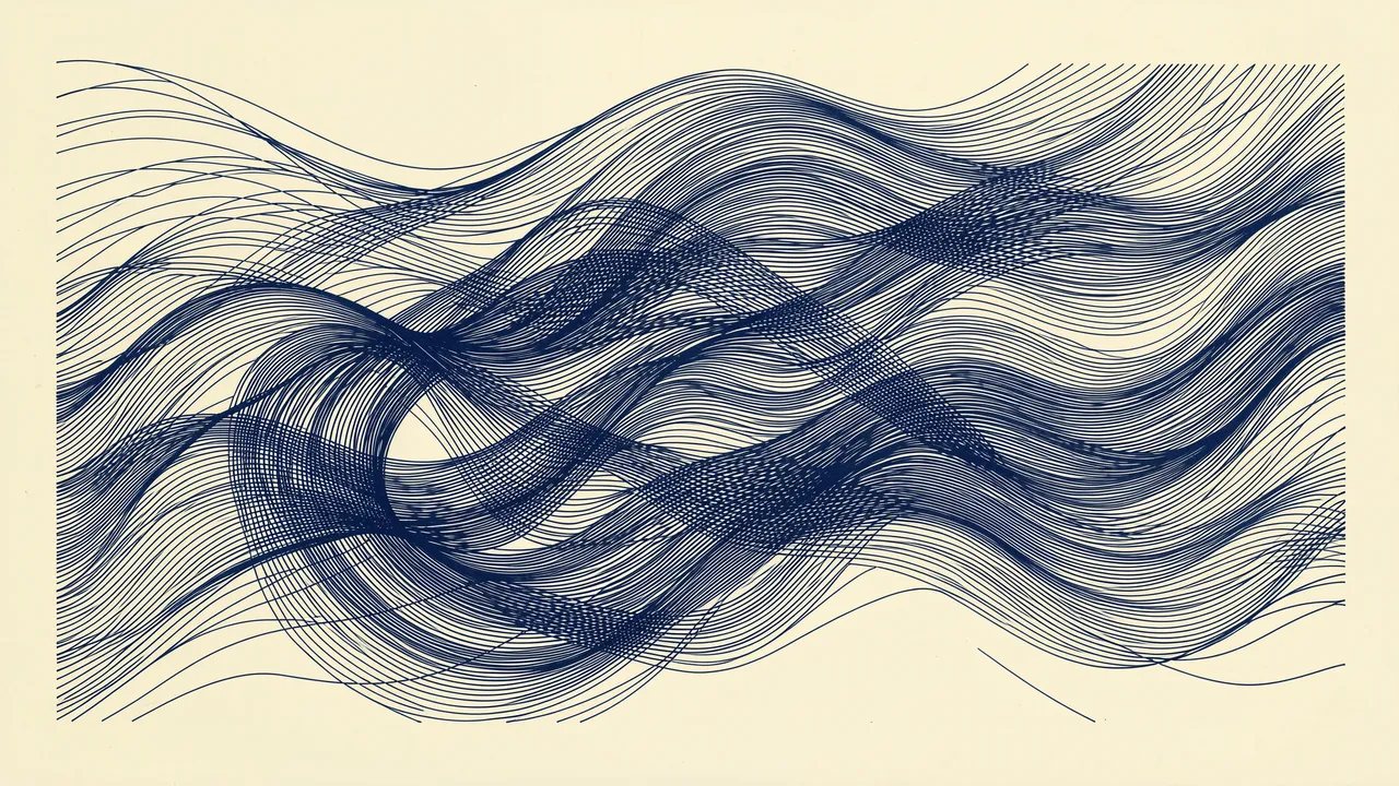 Flowing wavy navy fine lines rendered in a pen plotter style on cream paper