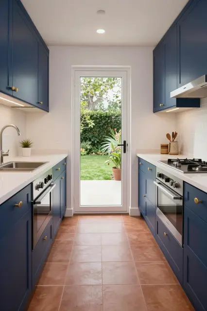 Symmetrical galley kitchen with navy cabinets, terracotta tile flooring and a glass door to a green garden.