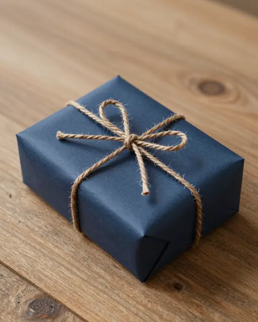 A neatly wrapped navy blue gift box with jute twine bow rests on a rustic wooden tabletop.