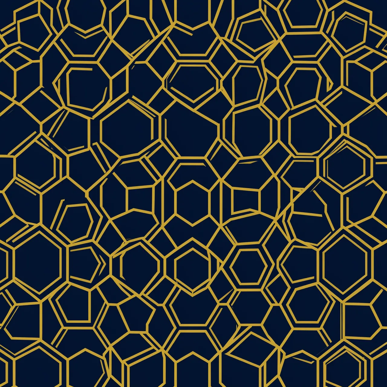Seamless geometric pattern of thin gold line hexagons on a deep navy background