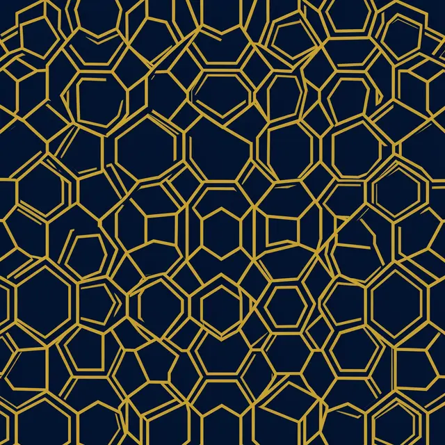 Seamless geometric pattern of thin gold line hexagons on a deep navy background