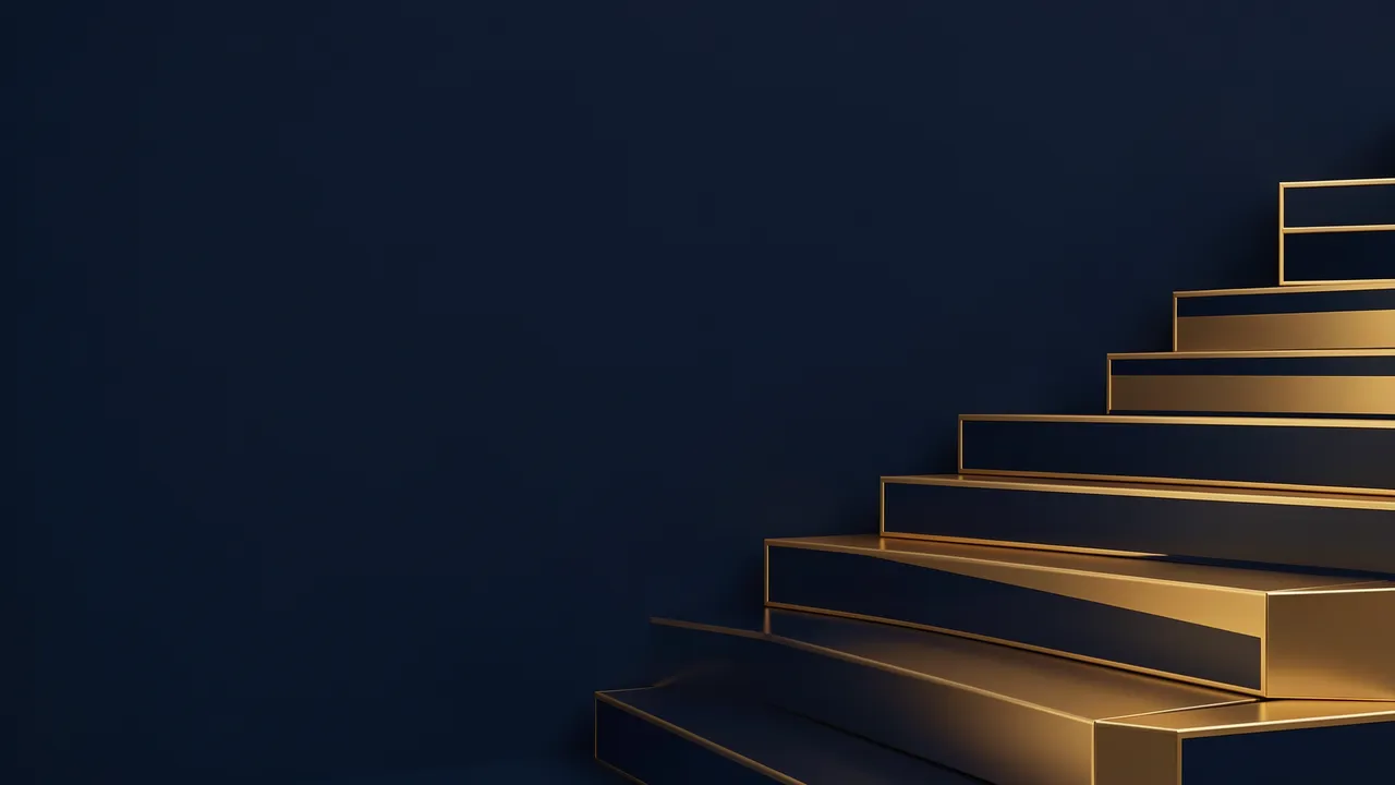 Ascending glossy navy and gold steps sit on the right of an otherwise solid dark navy frame with empty copy space on the
