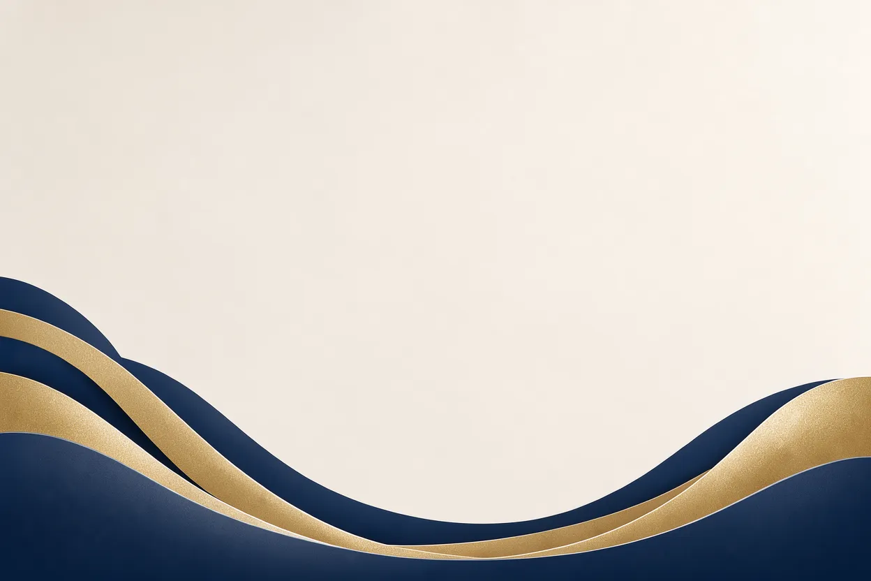 Smooth layered navy and metallic gold waves run along the bottom of a plain light cream background with blank copy space.
