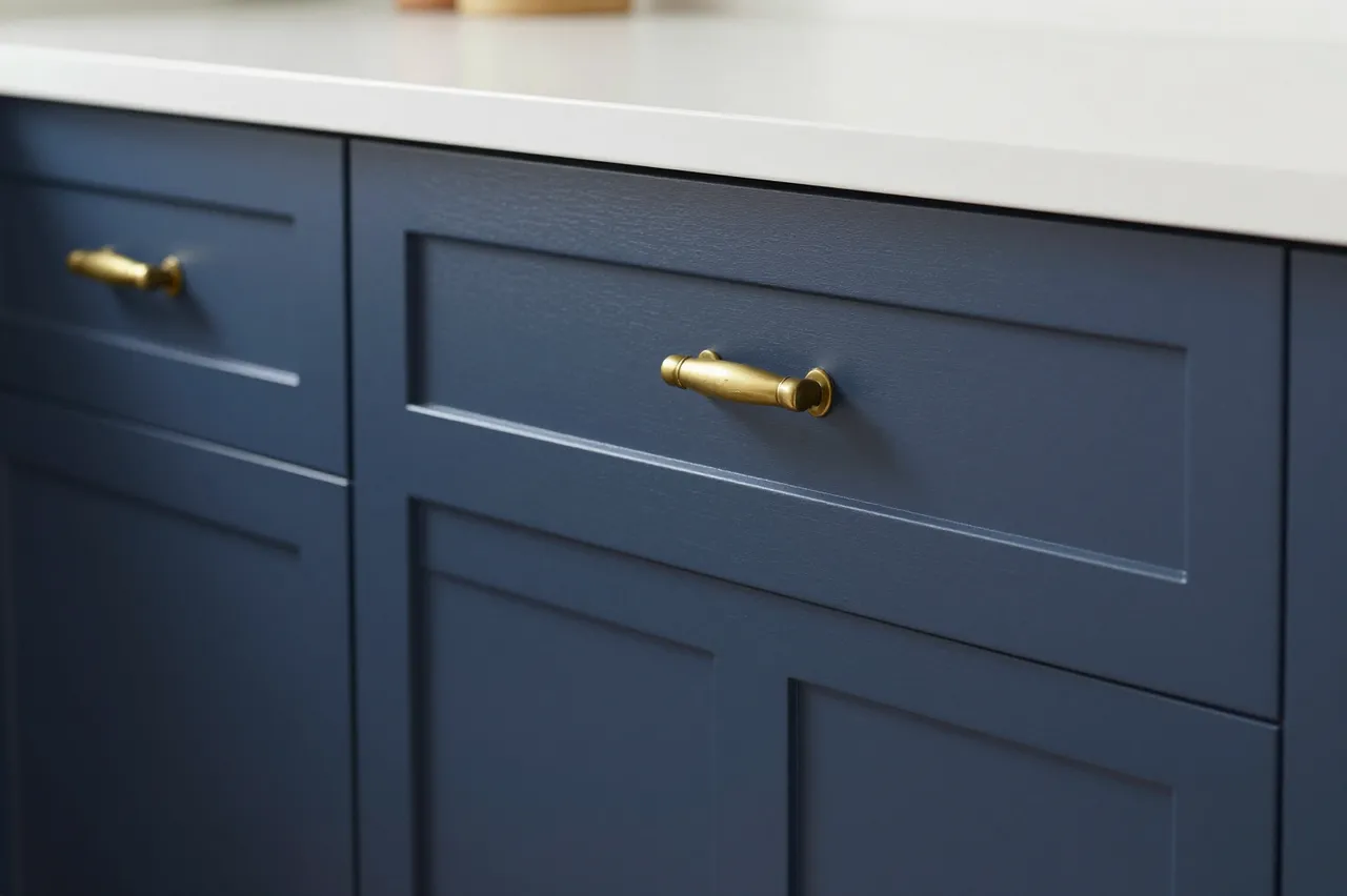 Close-up of navy blue shaker kitchen cabinets with brass pulls and a white countertop