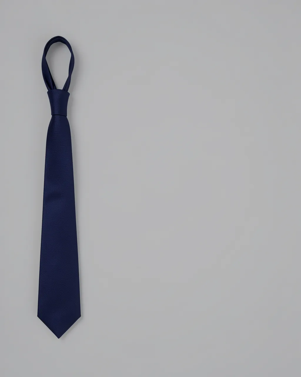 A single navy blue necktie sits on the left against a plain soft gray background with ample empty copy space