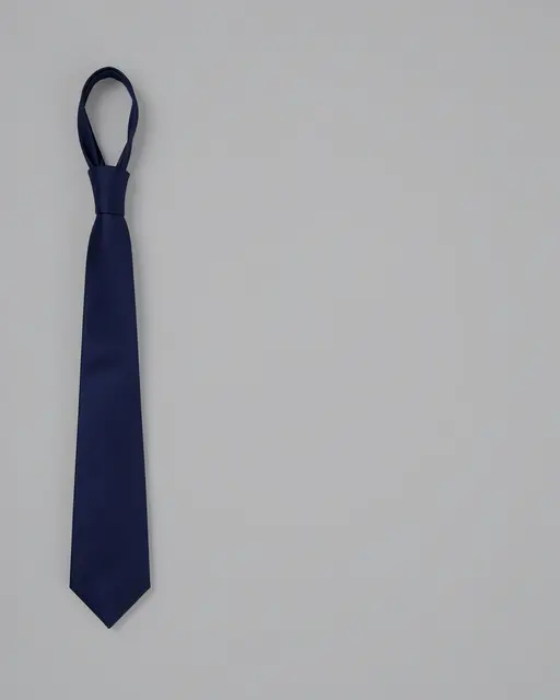 A single navy blue necktie sits on the left against a plain soft gray background with ample empty copy space