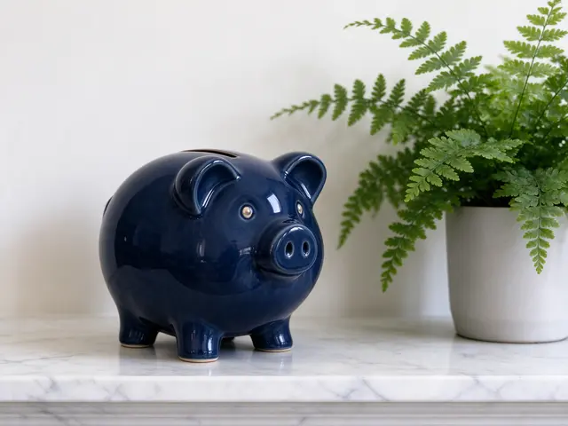 Glossy navy blue ceramic piggy bank sits on a white marble shelf beside a potted green fern