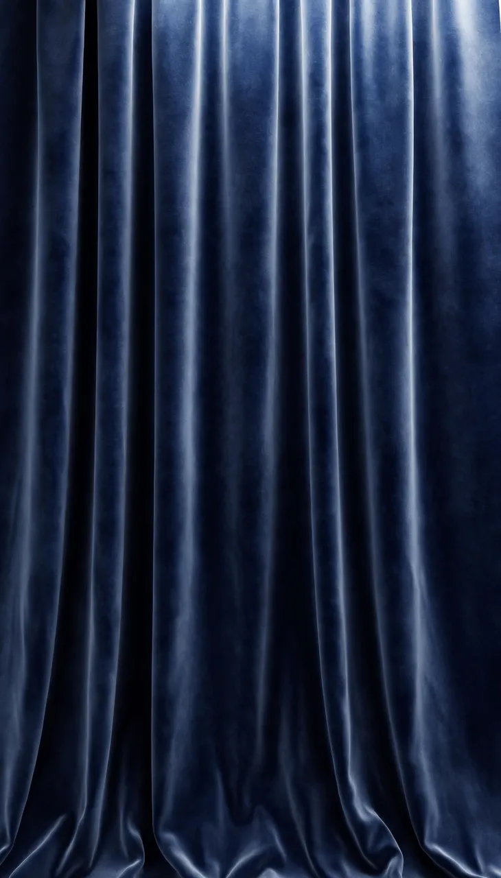 Vertical close-up of soft navy blue velvet curtain with gentle falling folds lit from above