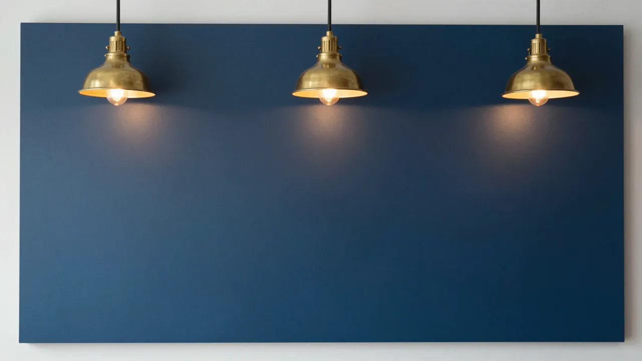 Three matching lit brass pendant lamps hang above a large plain navy blue panel against a light wall