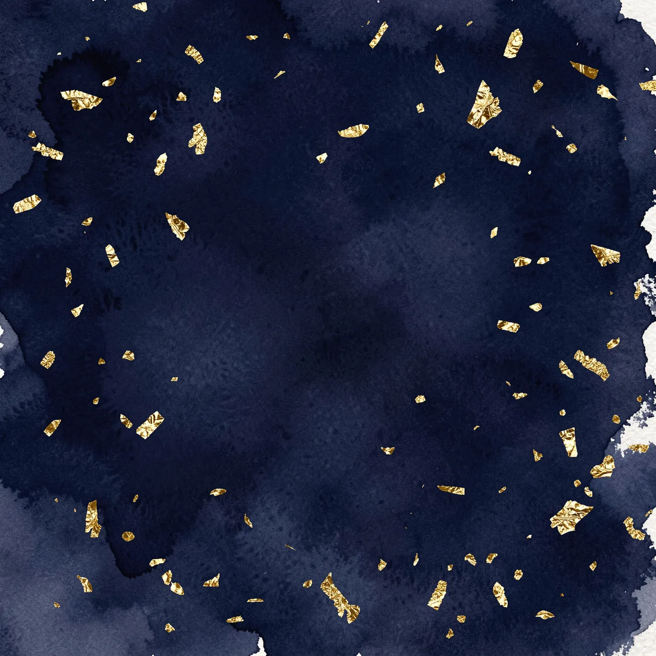 Deep navy watercolor wash scattered with crinkled metallic gold leaf flakes against a light paper edge