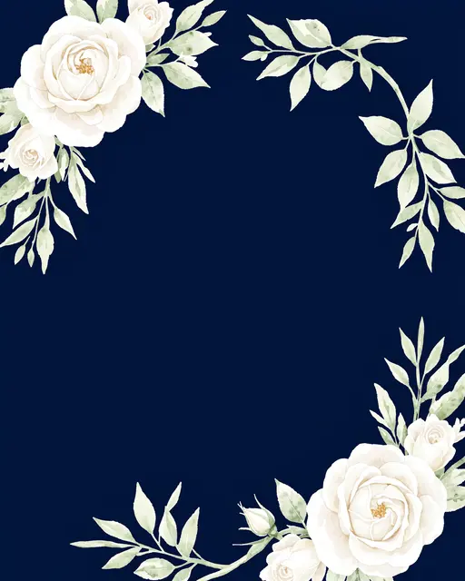 Watercolor white rose and pale greenery corner borders frame an empty solid navy background