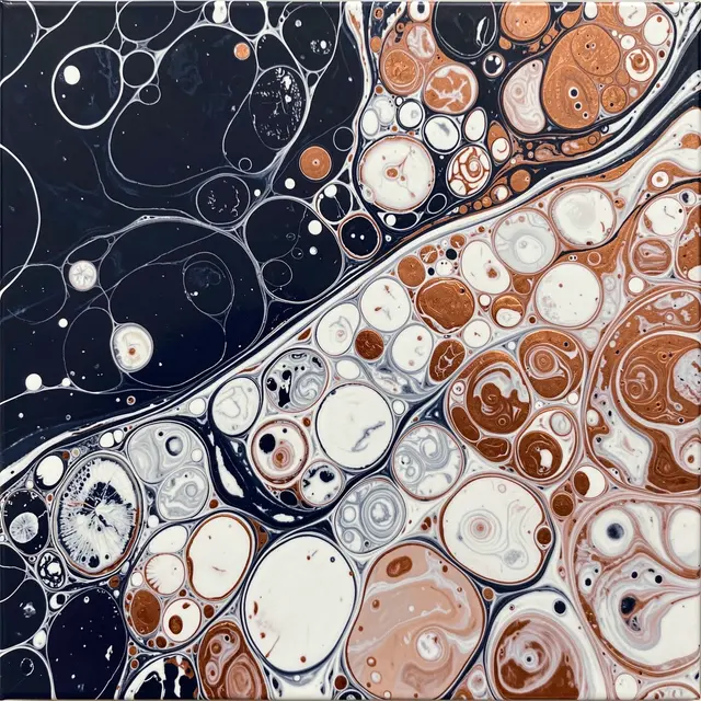Abstract acrylic pour painting with detailed cellular patterns in navy, white, and metallic copper