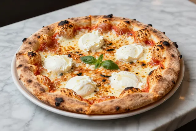 Wood-fired Neapolitan pizza with blistered crust and buffalo mozzarella sits on a white plate atop a marble countertop.
