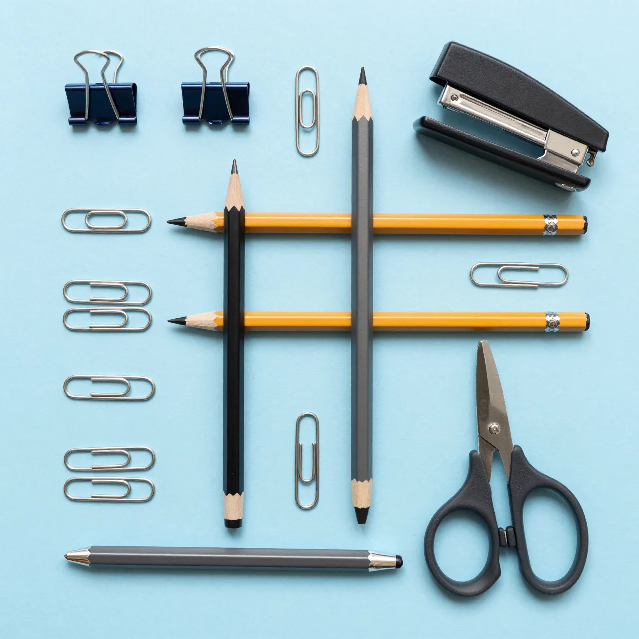 Top-down flat lay arrangement of office supplies neatly aligned on a pale blue background