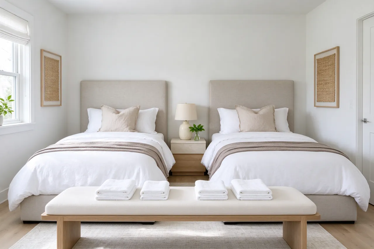 Bright minimalist guest bedroom with twin upholstered beds, folded towels on a bench and a shared nightstand.