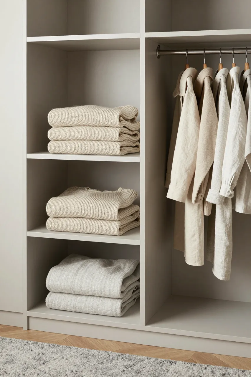 Organized minimalist closet with stacked folded knitwear, hanging linen garments and a gray wool rug.