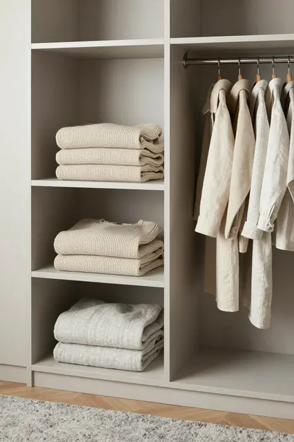 Organized minimalist closet with stacked folded knitwear, hanging linen garments and a gray wool rug.