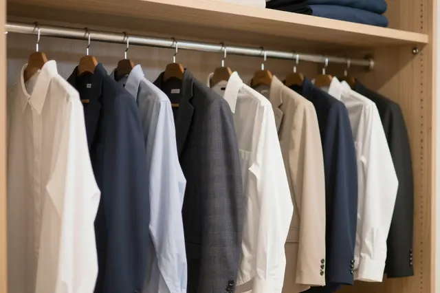 Neatly hung dress shirts and blazers fill a wooden walk-in closet under warm soft lighting