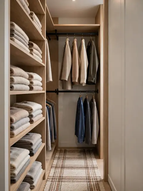 Organized small walk-in closet with double hanging rails, folded textiles, and a plaid runner rug