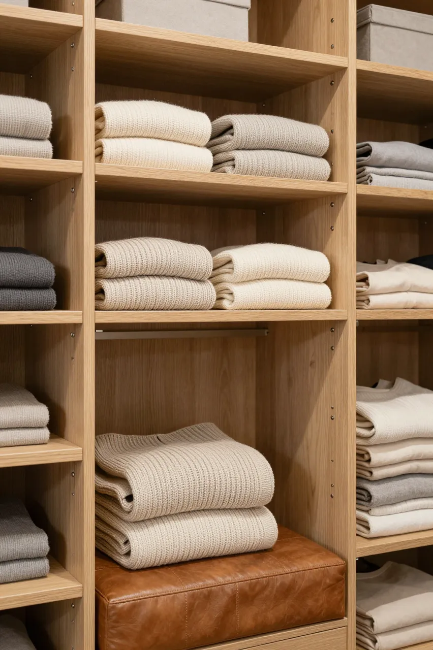 Open oak closet shelving holds stacked neutral knitwear above a brown leather bench