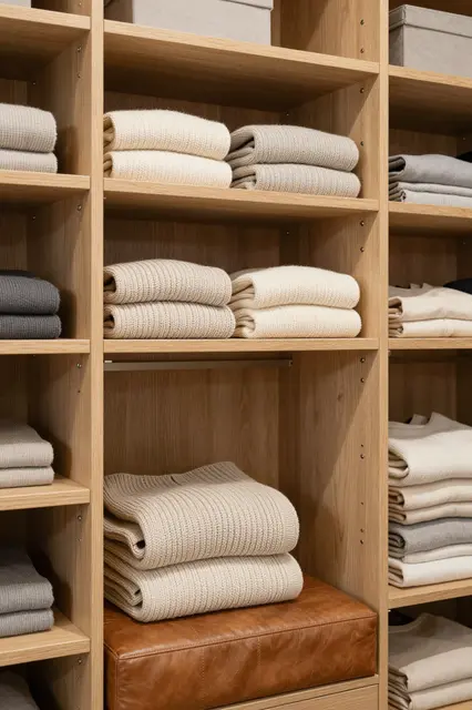 Open oak closet shelving holds stacked neutral knitwear above a brown leather bench