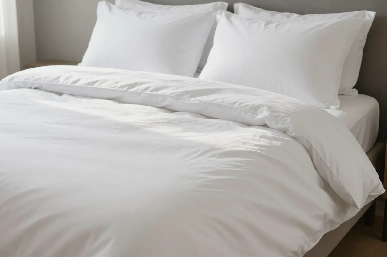 Neatly made bed with plain white duvet and pillows lit by soft morning light