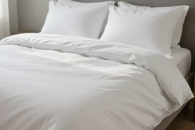 Neatly made bed with plain white duvet and pillows lit by soft morning light