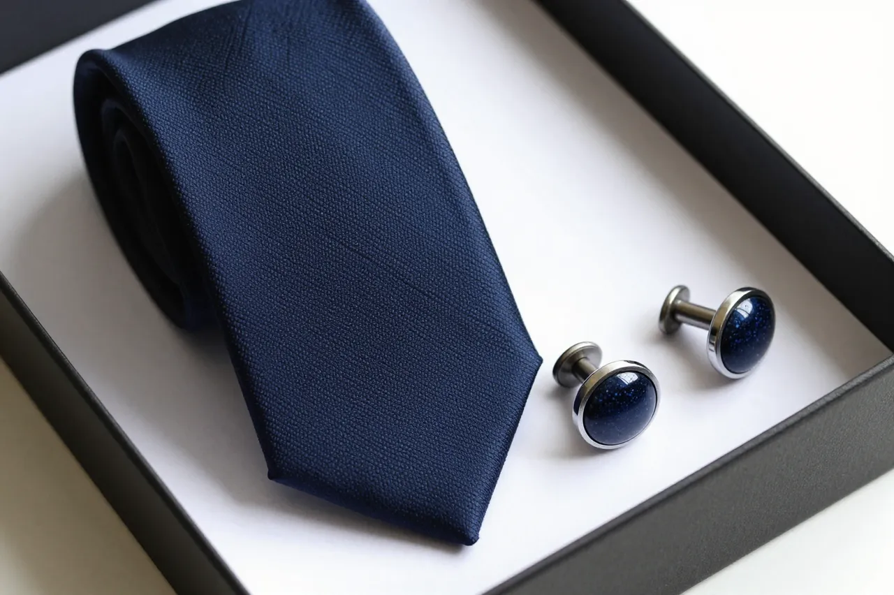 Dark blue silk necktie and matching cufflinks arranged inside a black gift box with white lining