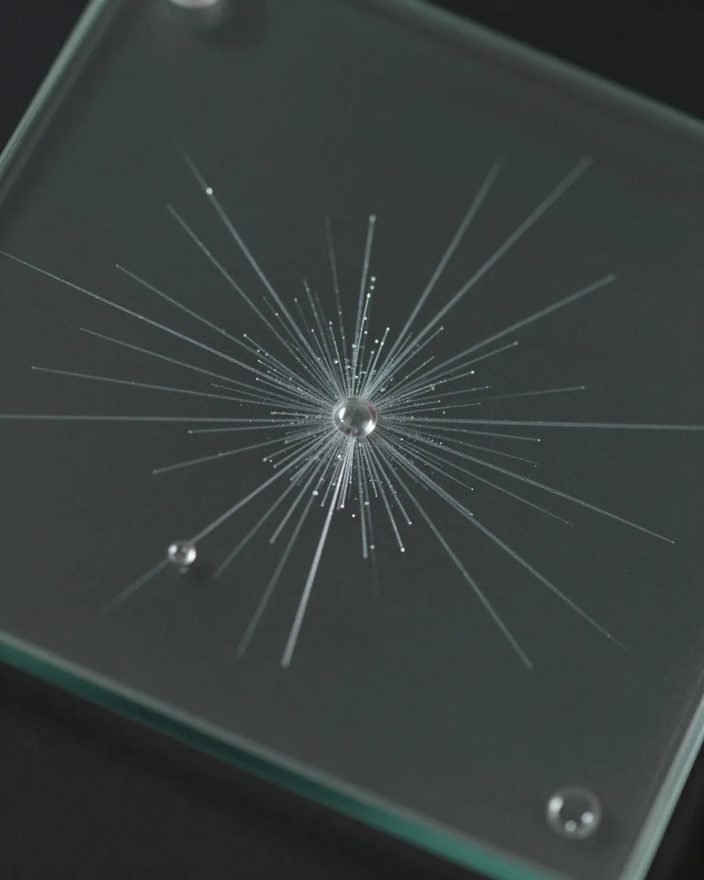 Radial needle-like crystals spread from a drying droplet on a glass slide under dark field macro lighting