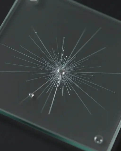 Radial needle-like crystals spread from a drying droplet on a glass slide under dark field macro lighting