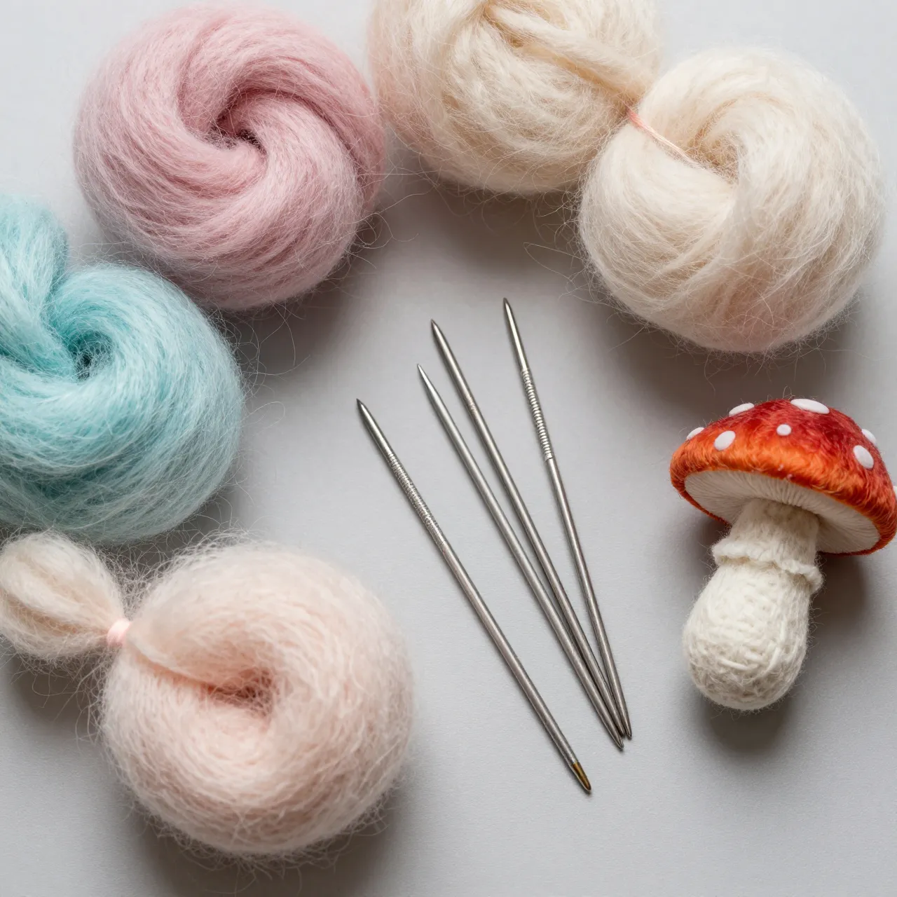 Pastel wool roving, felting needles and a handmade felted mushroom arranged on a light gray flat surface