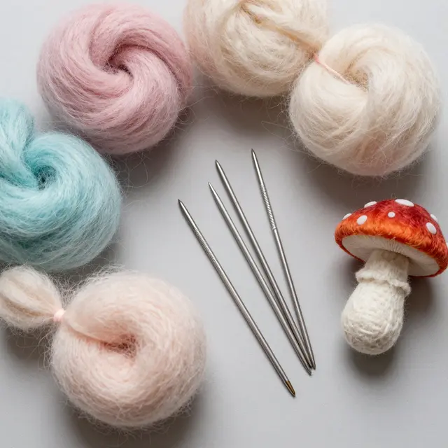 Pastel wool roving, felting needles and a handmade felted mushroom arranged on a light gray flat surface
