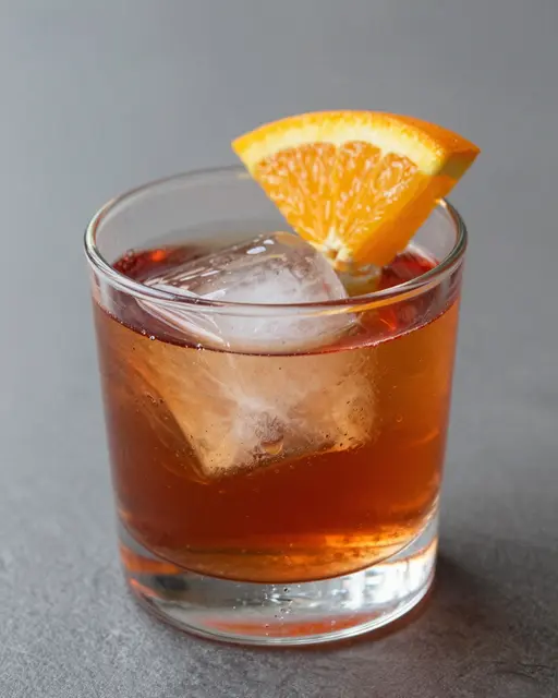 A negroni cocktail in a rocks glass with a large ice cube and orange slice garnish against a gray background